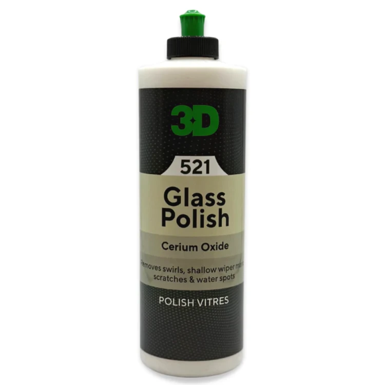 3D Glass Polish to wysokiej jakości środek do polerowania szkła, stworzony z myślą o skutecznym usuwaniu zarysowań, śladów po wycieraczkach, osadów z wody i zawirowań z szyb samochodowych.